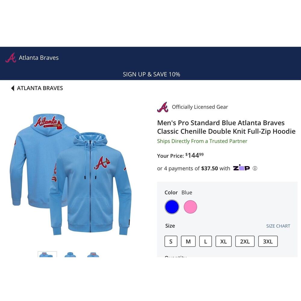 PRO STANDARD Blue ATLANTA BRAVES Classic Chenille Full zip Hoodie Sz L
